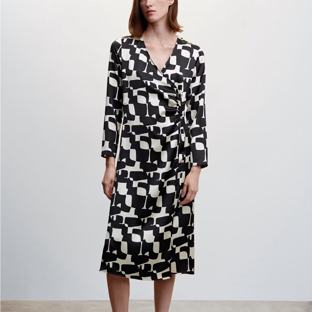 Mango Printed Satin Midi Wrap Dress with an abstract geometric print.
